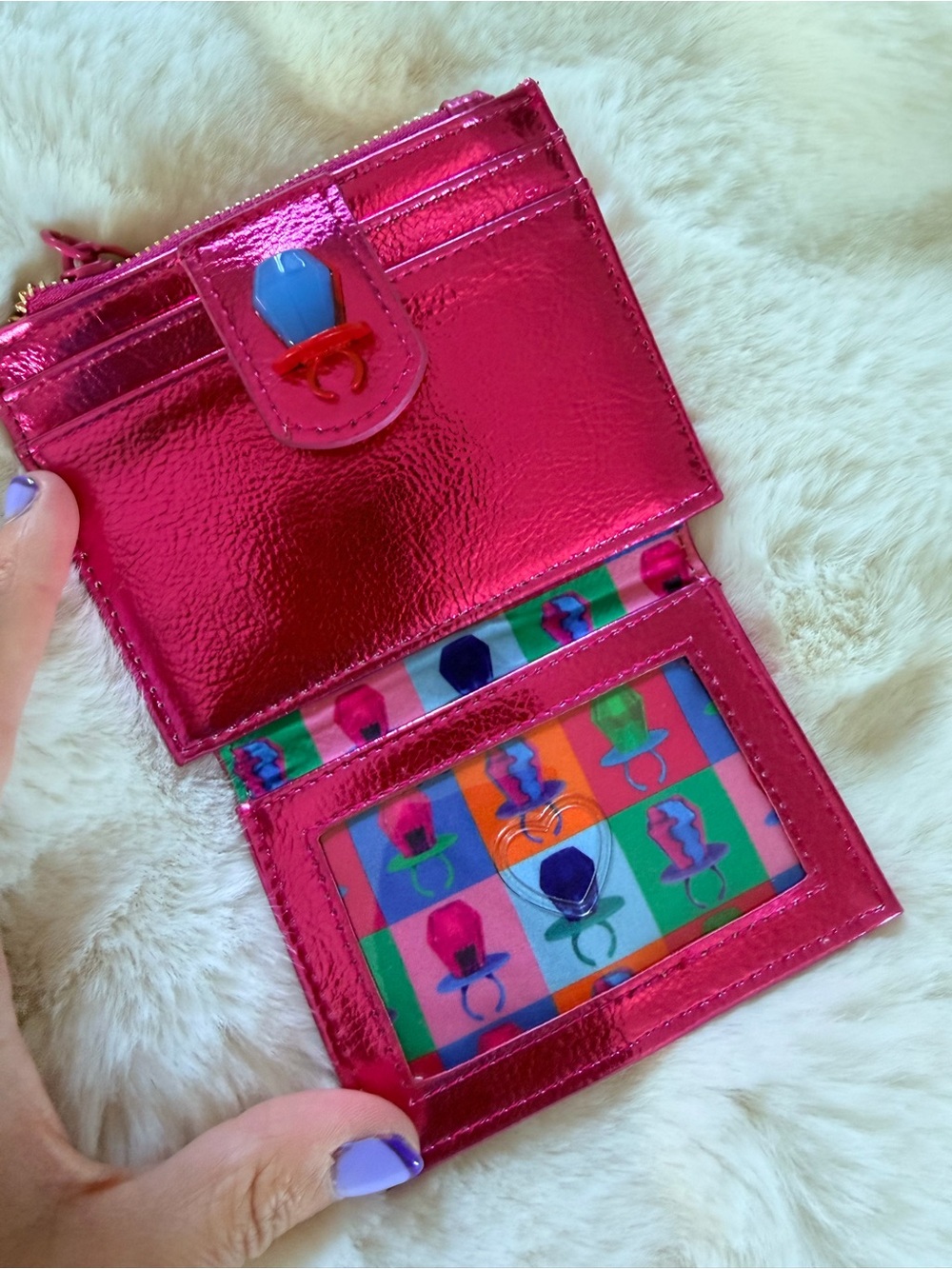 Betsey Johnson Pink Metallic Card Holder Wallet with Colorful Ring Pop Accents - Picture 9 of 12